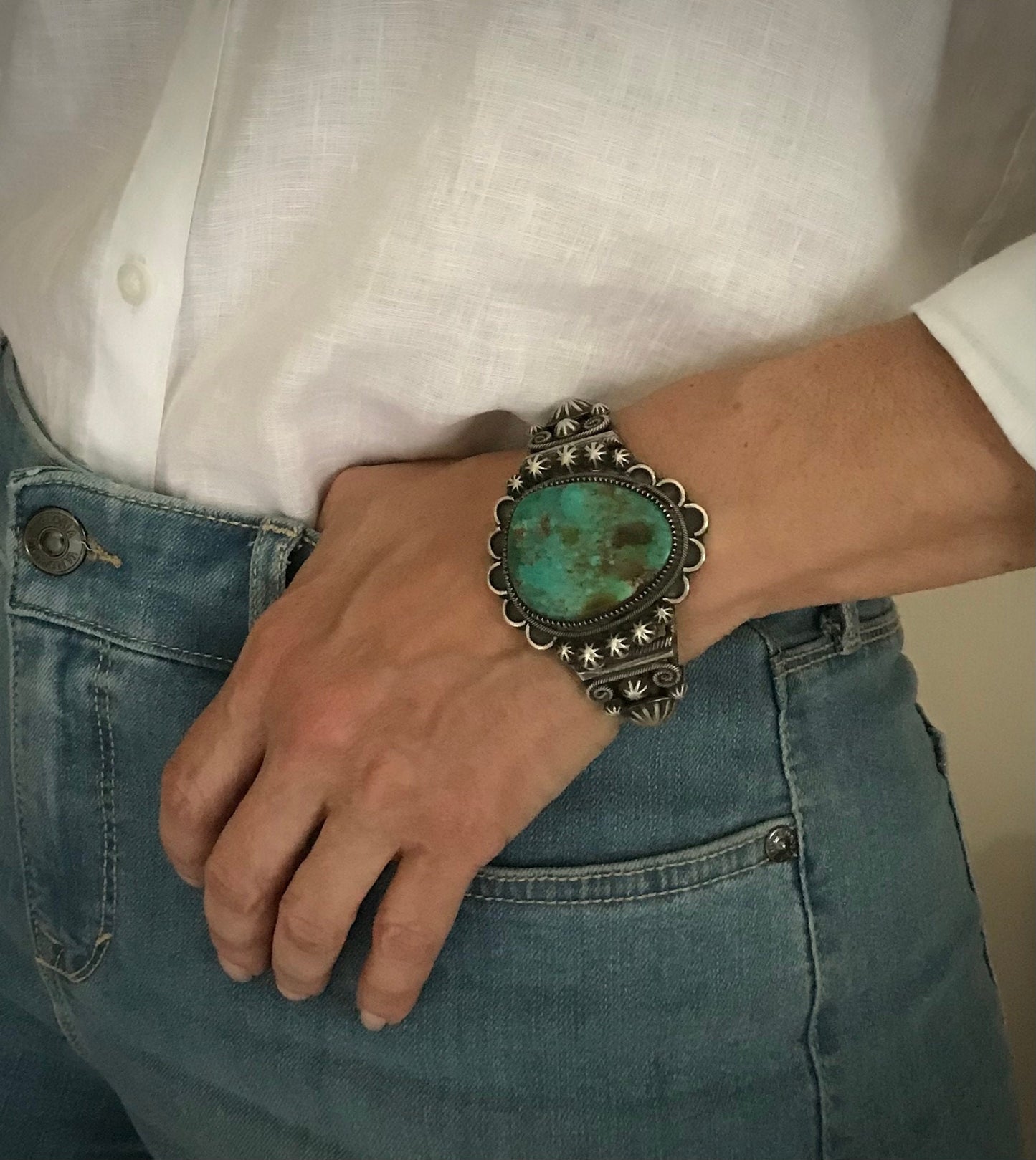 Elaborate Traditional Turquoise Navajo Cuff Bracelet Signed - Richard Jim