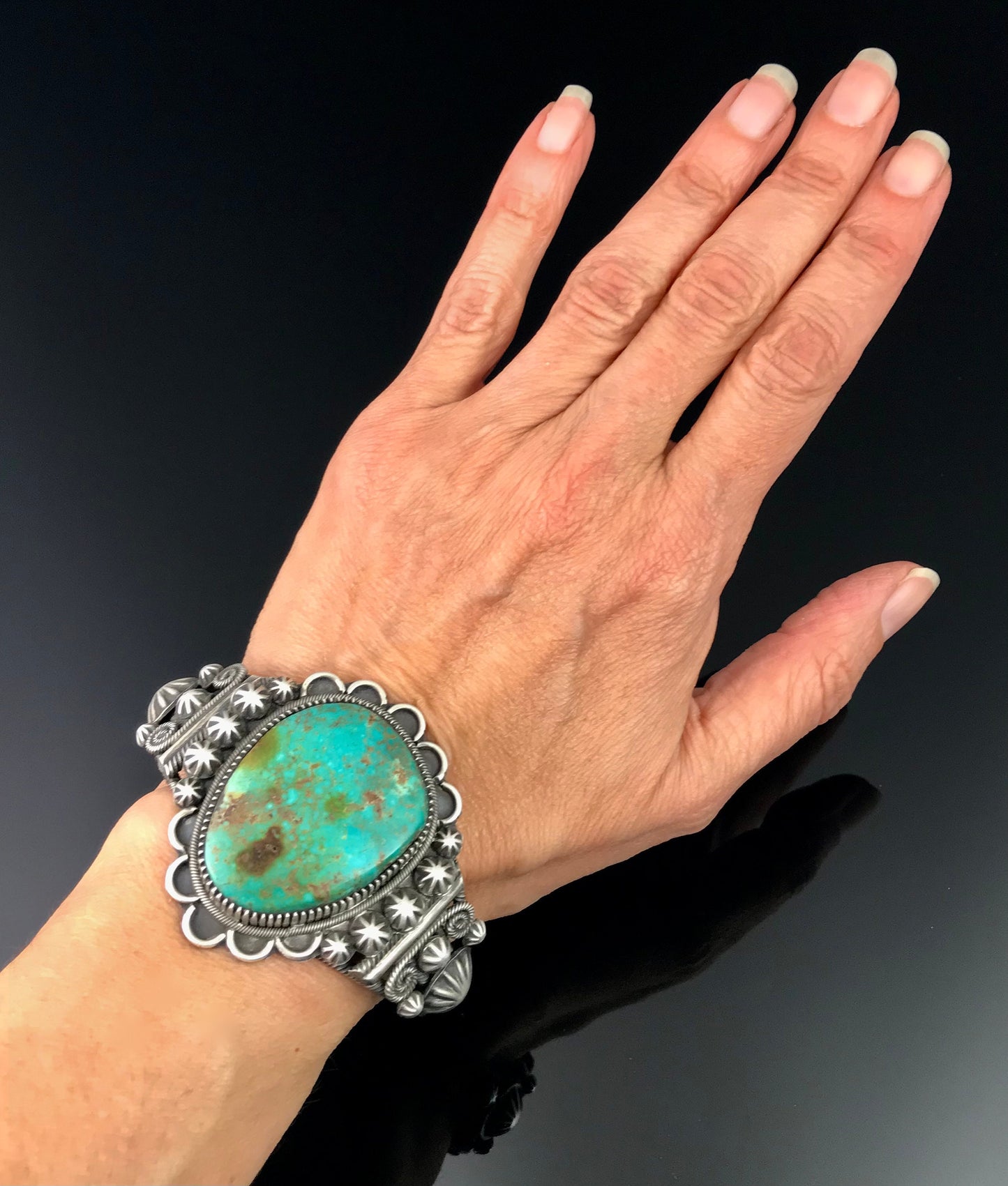 Elaborate Traditional Turquoise Navajo Cuff Bracelet Signed - Richard Jim