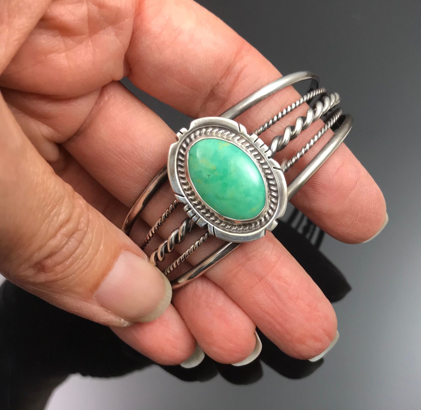Twist Wire Green Turquoise Native American Navajo Cuff Bracelet Signed - A.S.