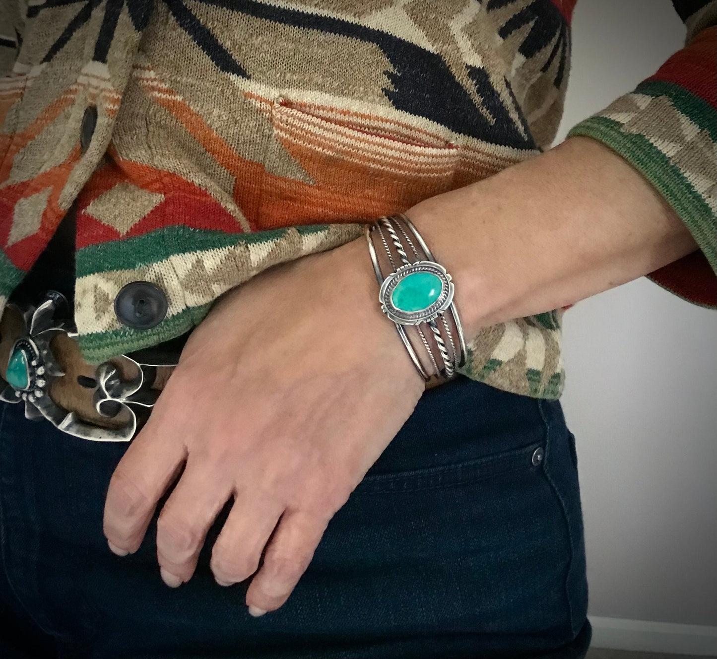Twist Wire Green Turquoise Native American Navajo Cuff Bracelet Signed - A.S.