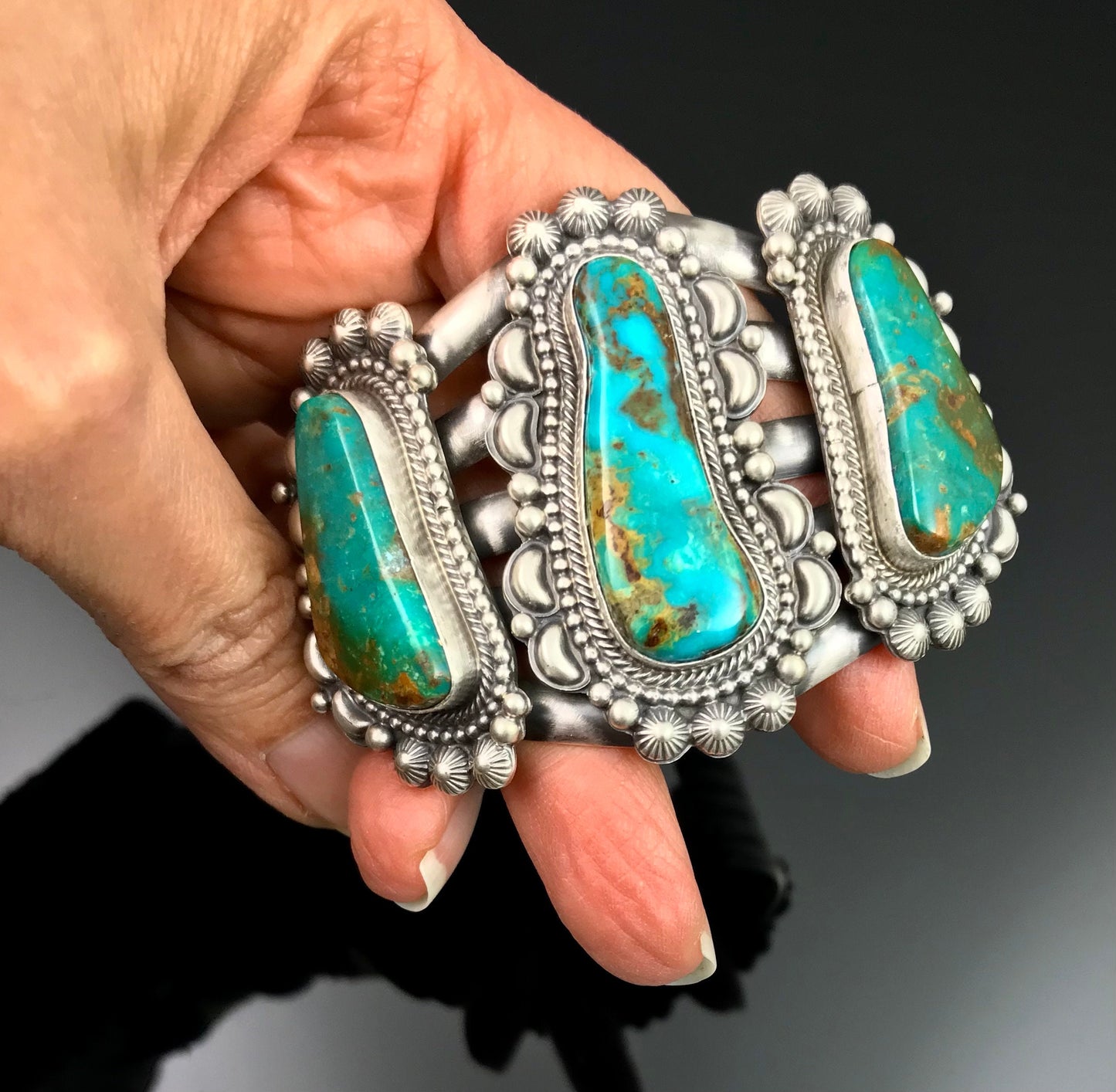 Elaborate Traditional Turquoise Navajo Cuff Bracelet Signed - Tom Lewis