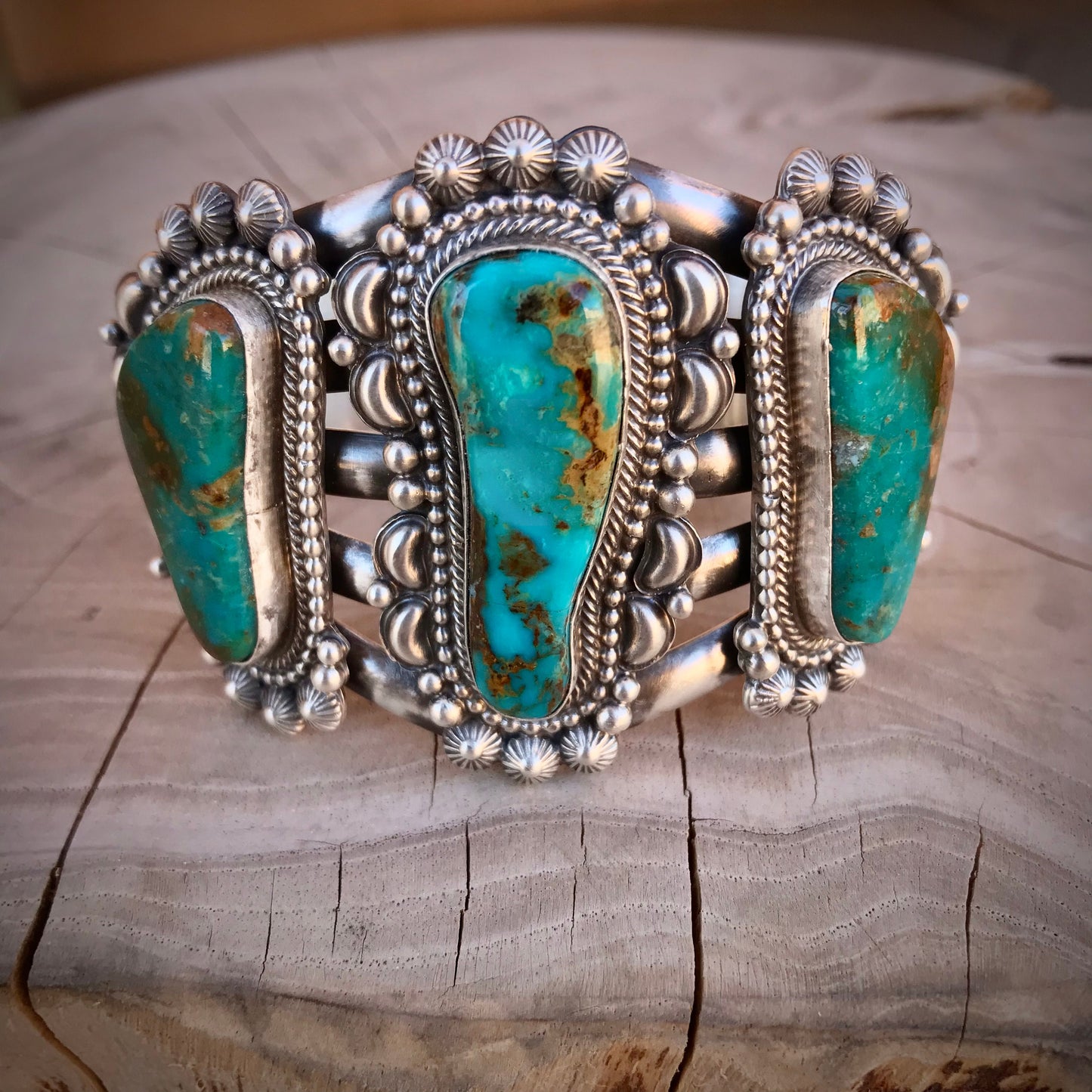 Elaborate Traditional Turquoise Navajo Cuff Bracelet Signed - Tom Lewis