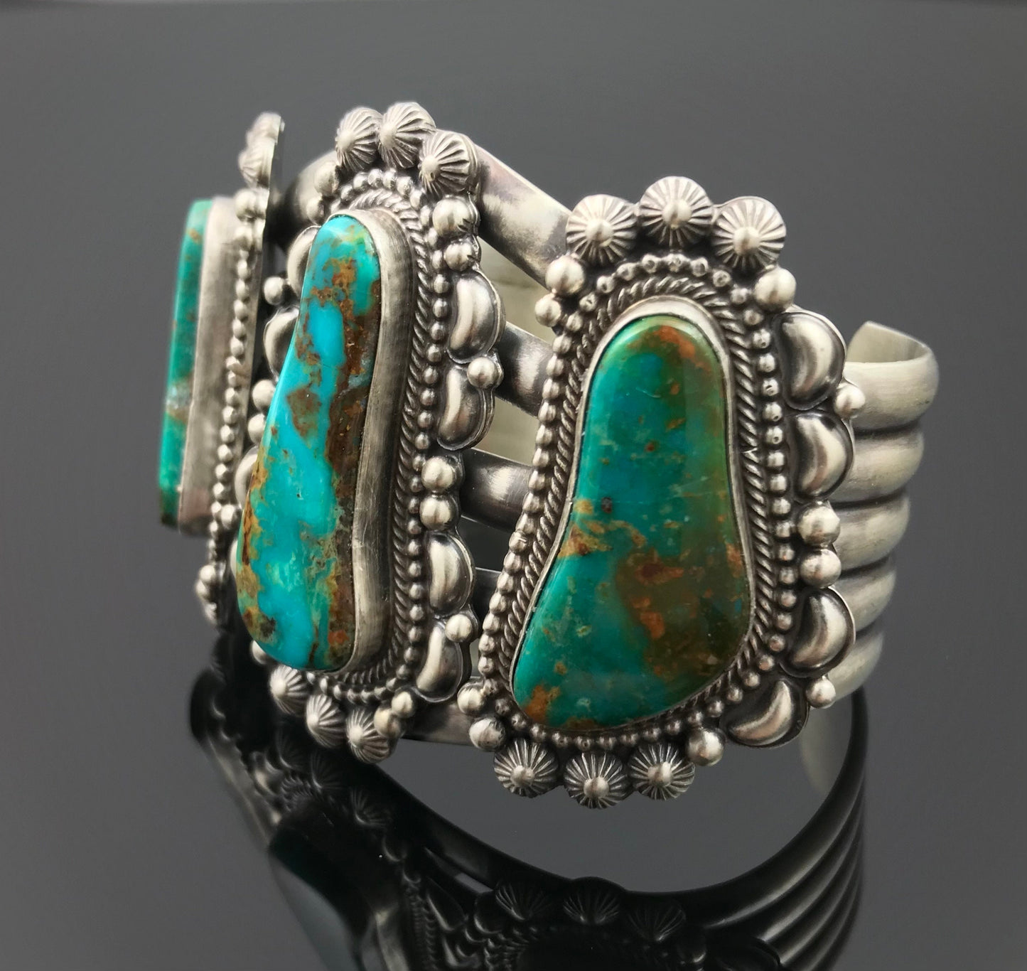 Elaborate Traditional Turquoise Navajo Cuff Bracelet Signed - Tom Lewis