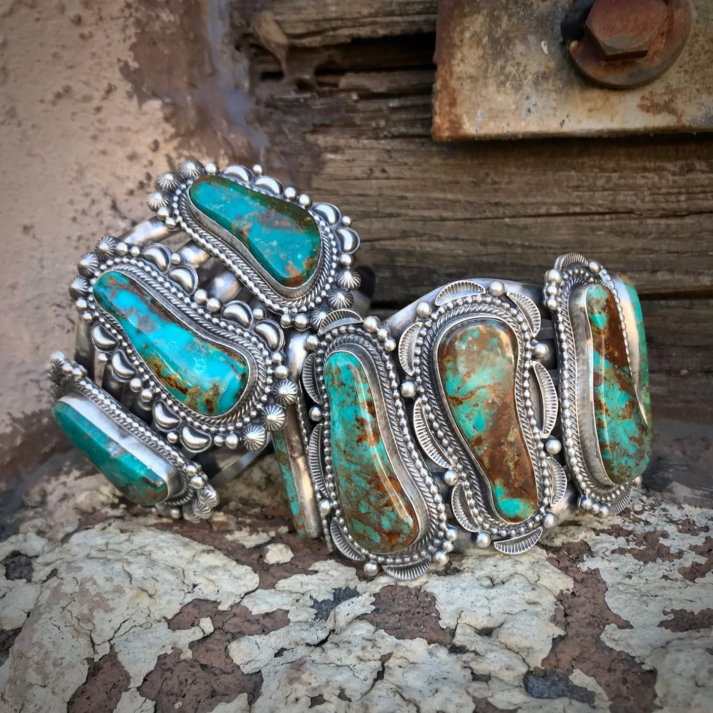 Elaborate Traditional Turquoise Navajo Cuff Bracelet Signed - Tom Lewis
