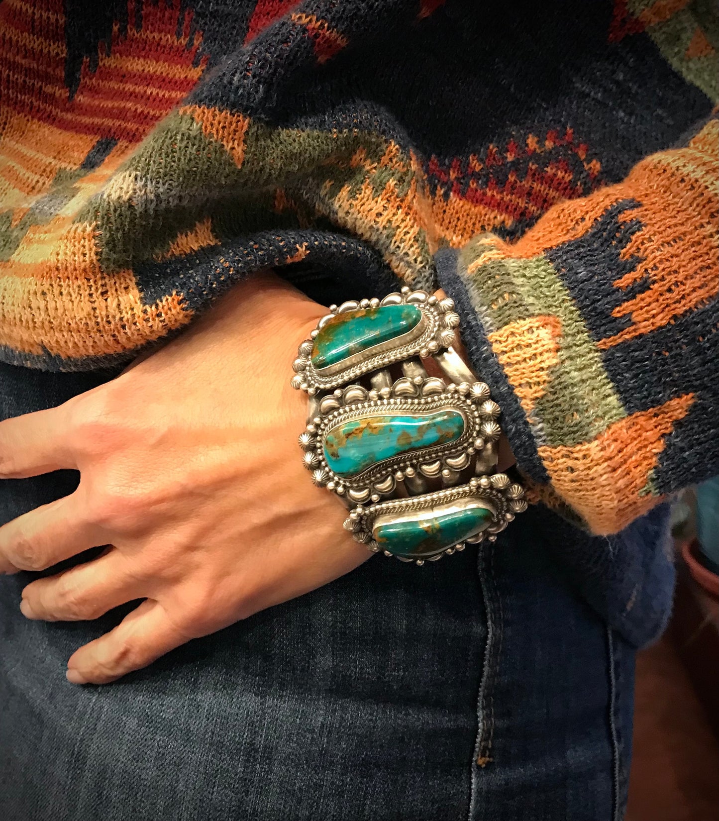 Elaborate Traditional Turquoise Navajo Cuff Bracelet Signed - Tom Lewis