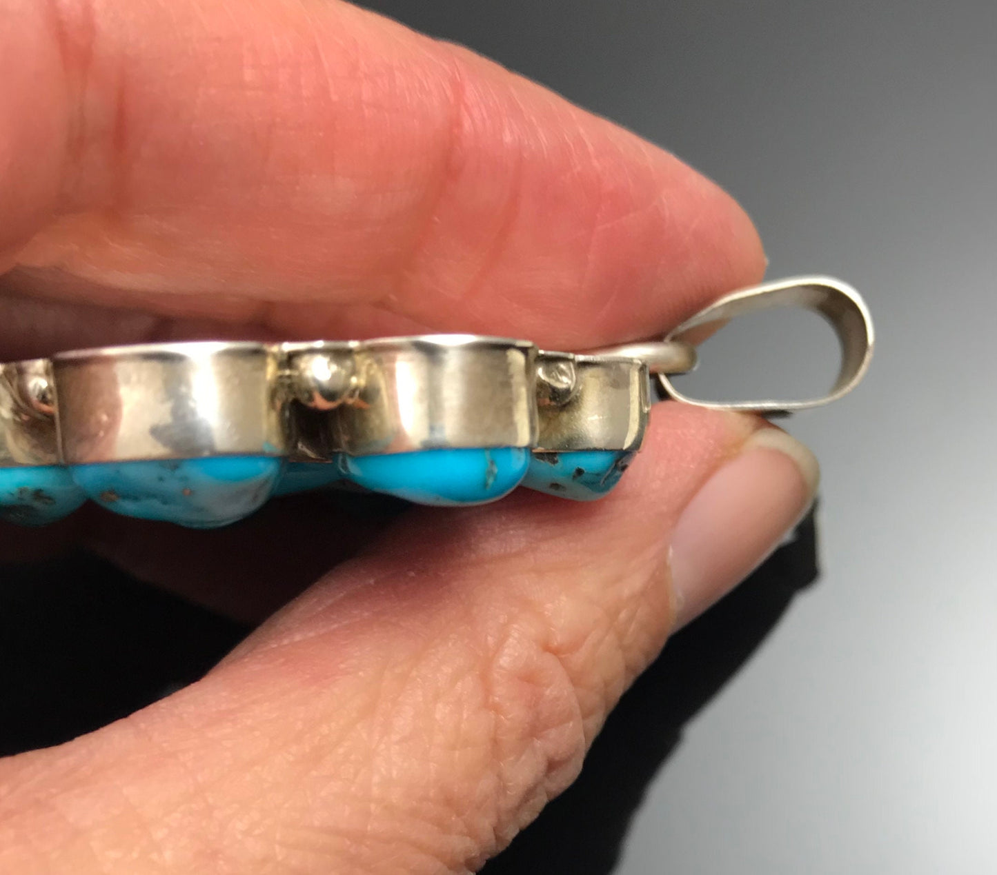 Sleeping Beauty Turquoise Navajo Cluster Pendant Signed - Fred Peters