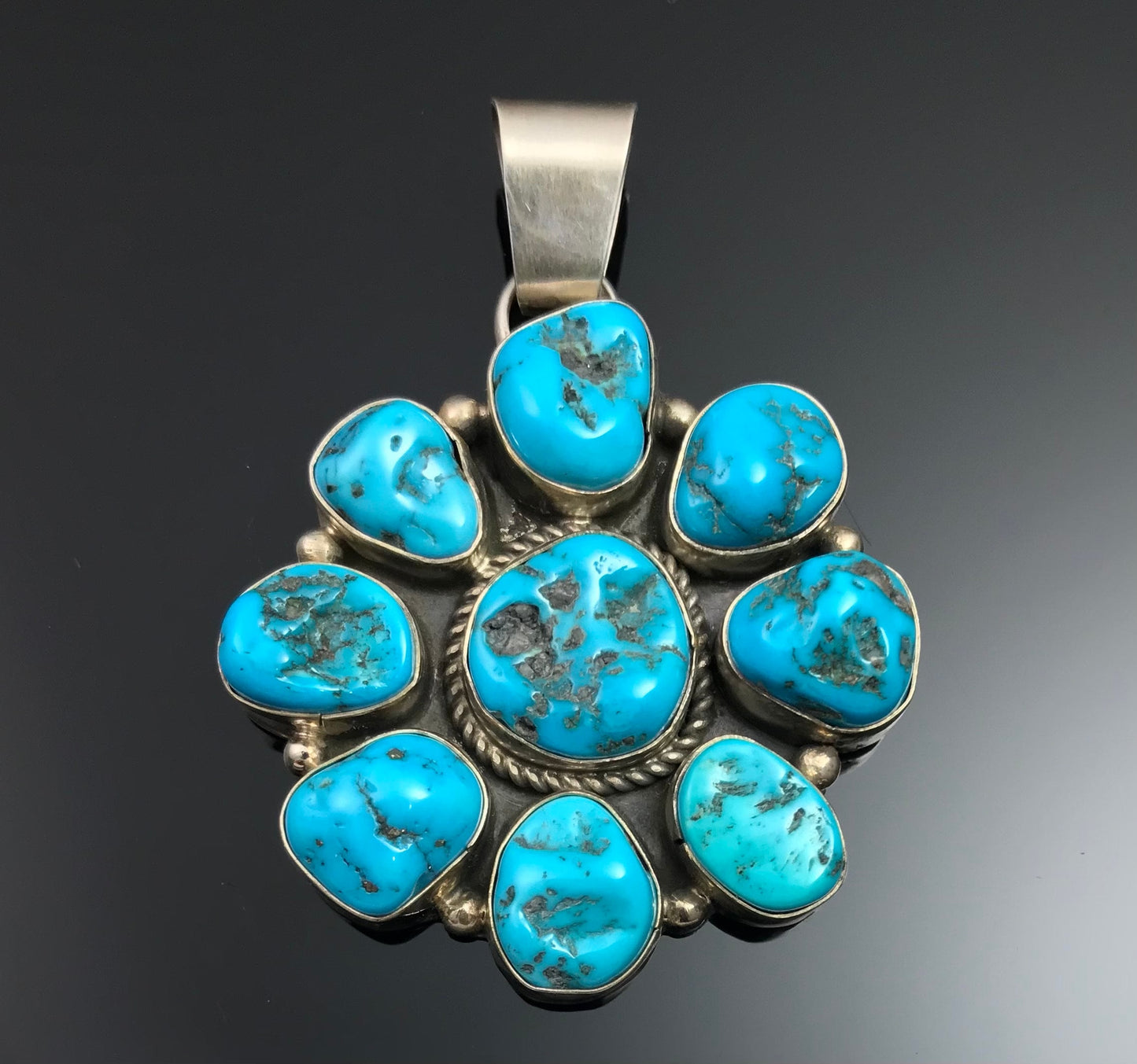 Sleeping Beauty Turquoise Navajo Cluster Pendant Signed - Fred Peters