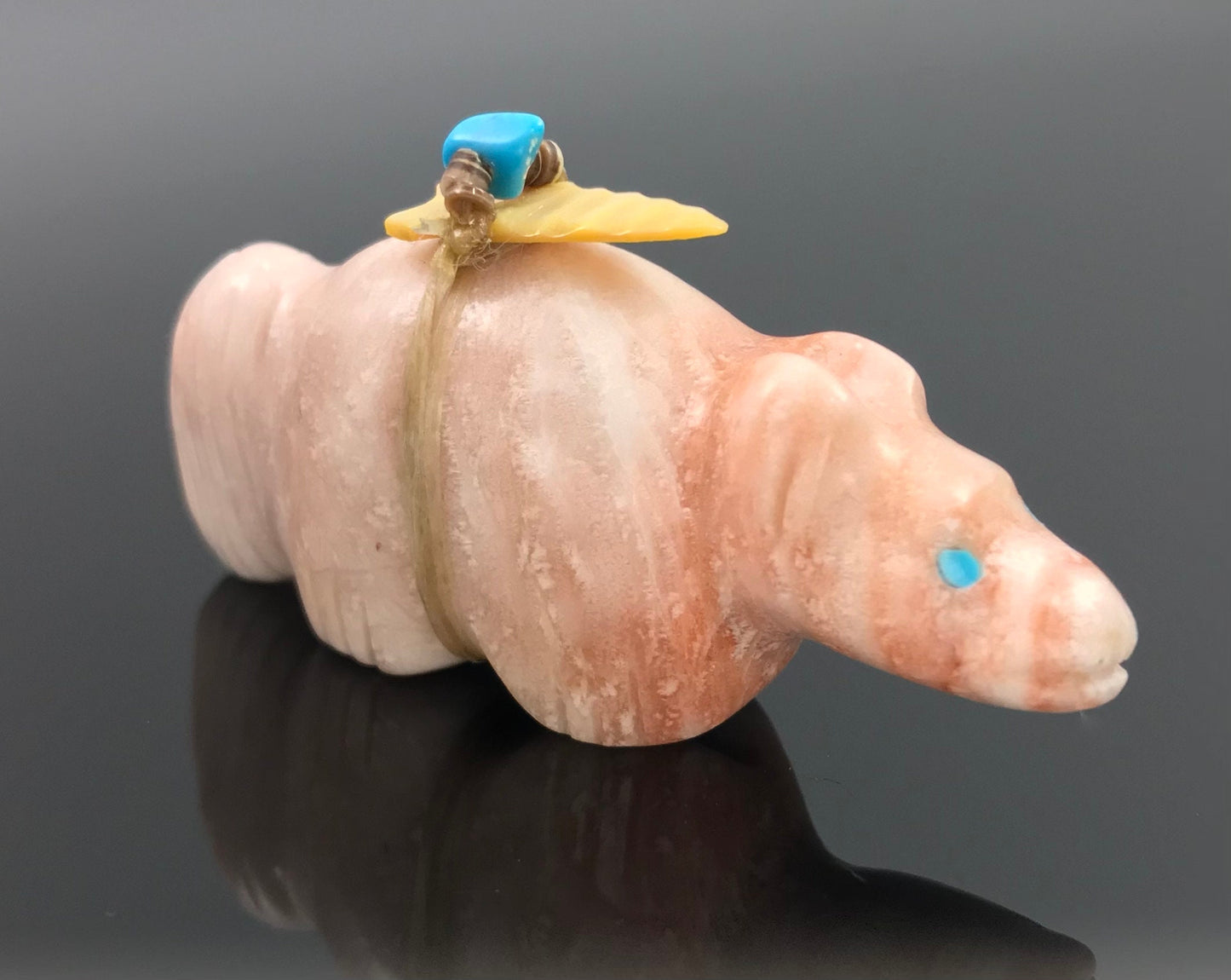 Zuni Bear Fetish Pink Doloite with Arrow Treasures Signed - Pete Gasper