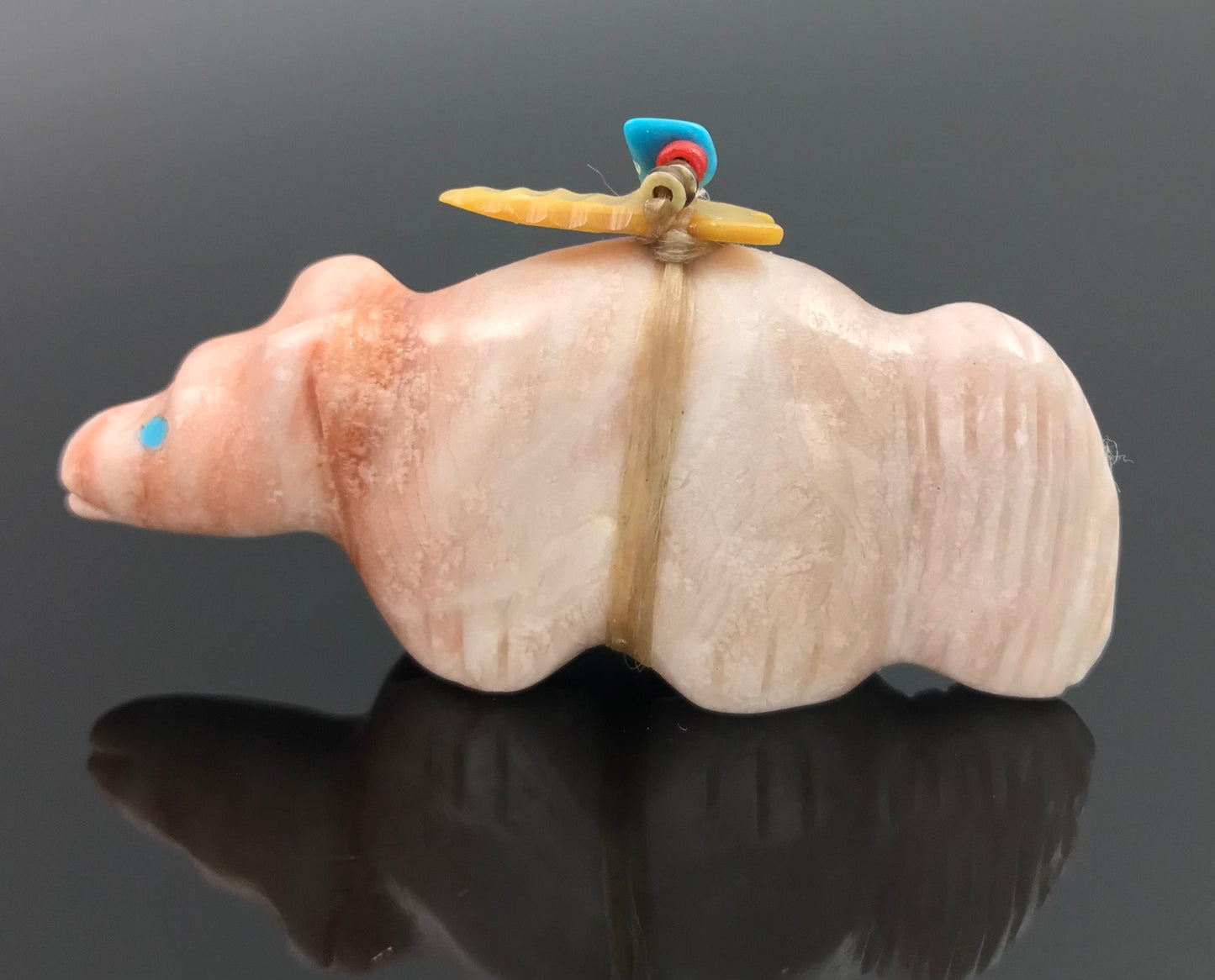 Zuni Bear Fetish Pink Doloite with Arrow Treasures Signed - Pete Gasper