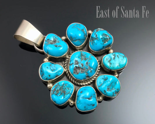 Sleeping Beauty Turquoise Navajo Cluster Pendant Signed - Fred Peters