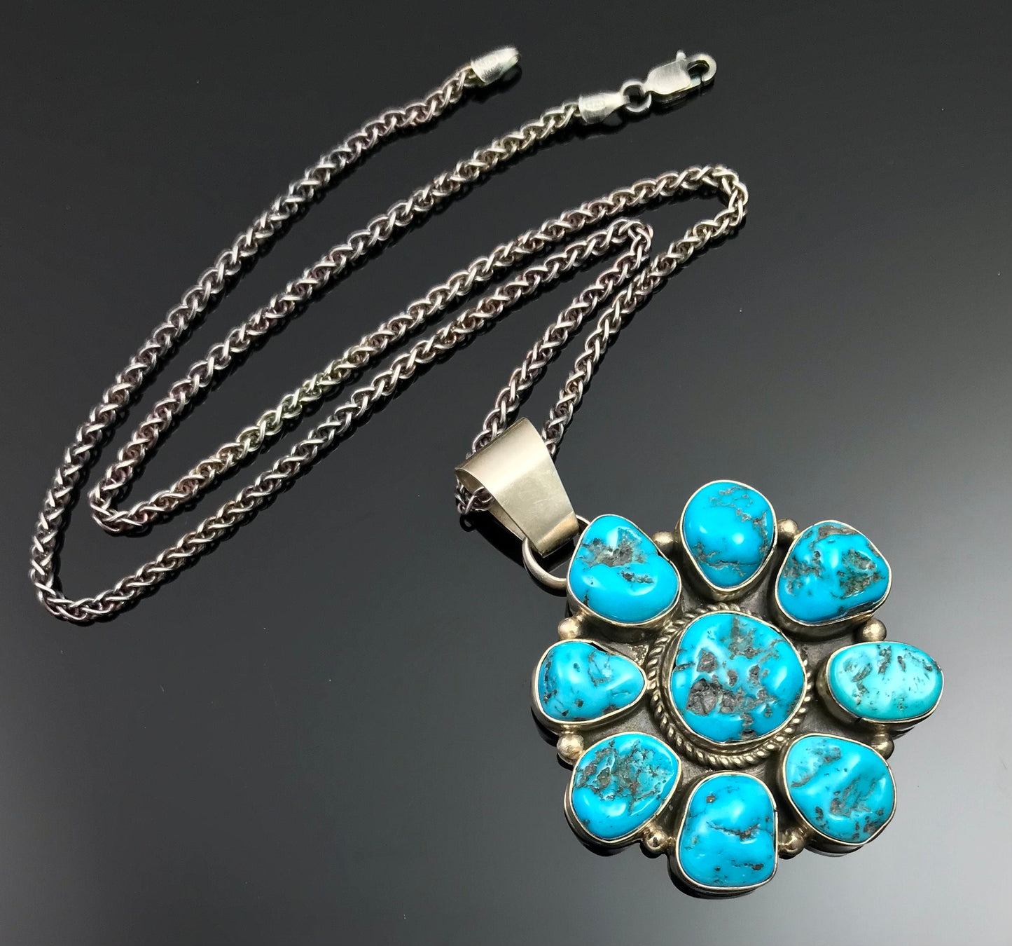 Sleeping Beauty Turquoise Navajo Cluster Pendant Signed - Fred Peters