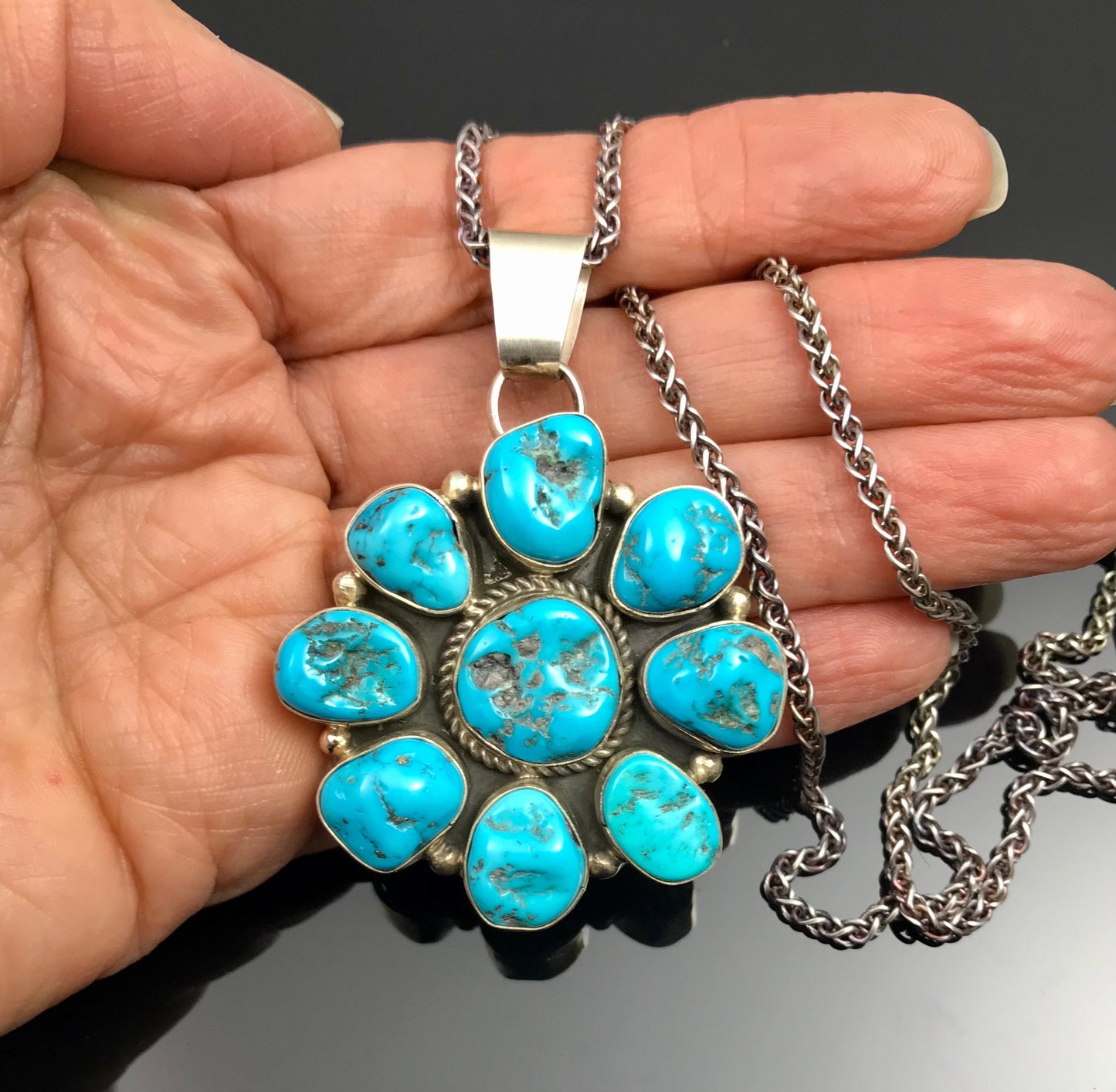Sleeping Beauty Turquoise Navajo Cluster Pendant Signed - Fred Peters