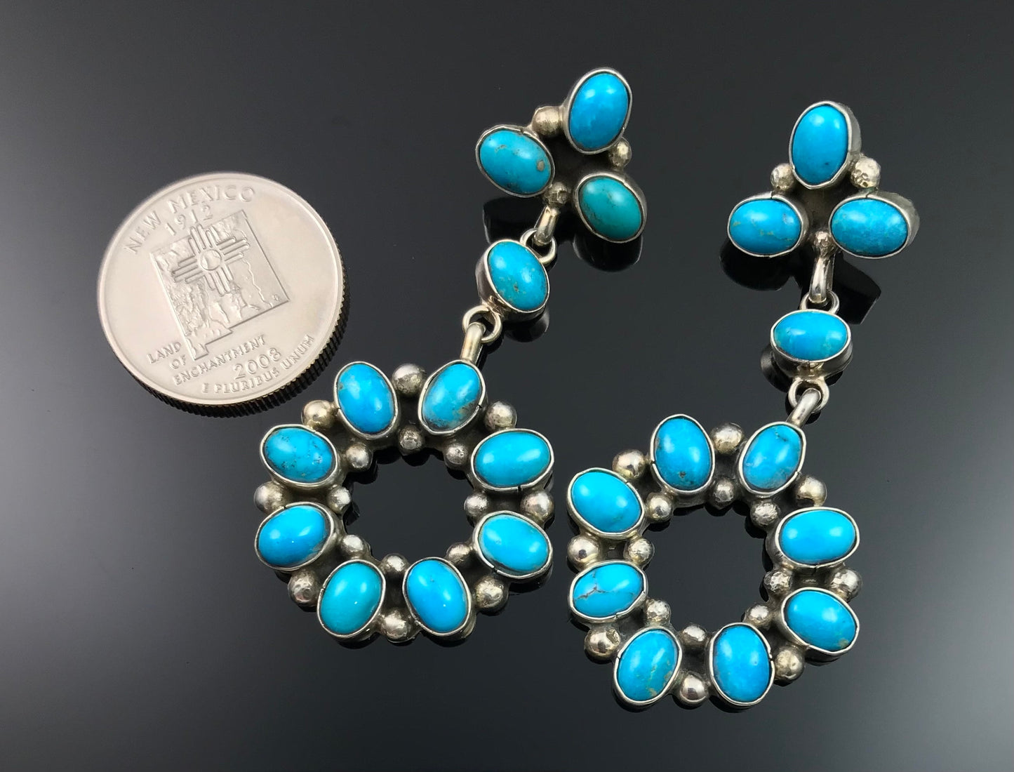 Sleeping Beauty Turquoise Navajo Cluster Dangle Earrings Signed - Fred Peters