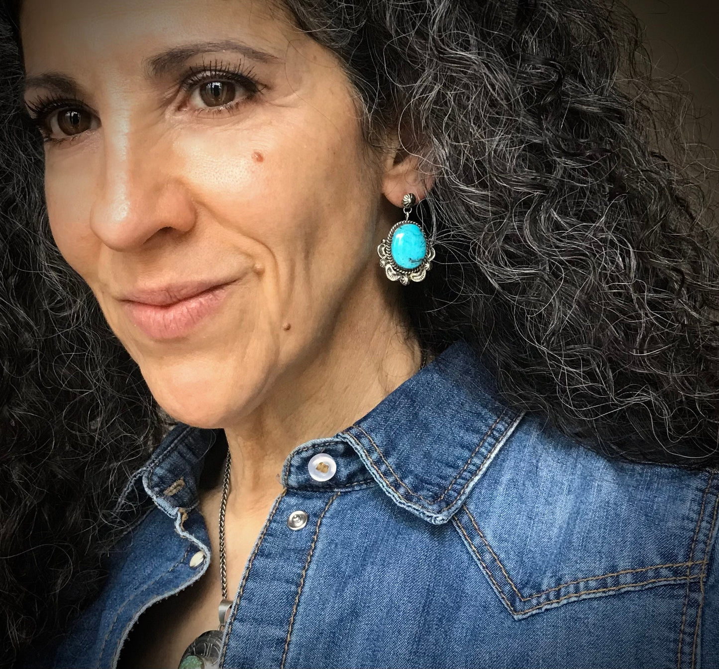 Old Style Blue Turquoise Navajo Earrings Signed - Ella Mae Linkin