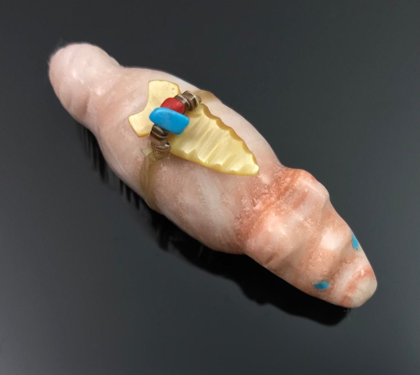 Zuni Bear Fetish Pink Doloite with Arrow Treasures Signed - Pete Gasper
