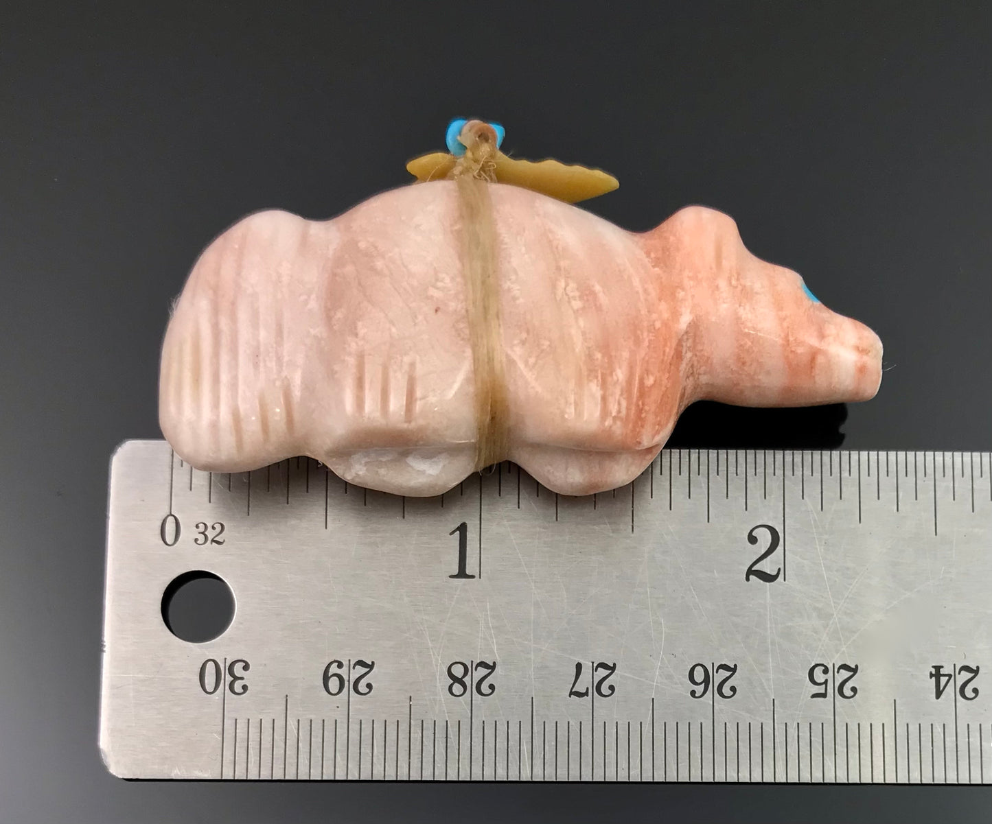 Zuni Bear Fetish Pink Doloite with Arrow Treasures Signed - Pete Gasper