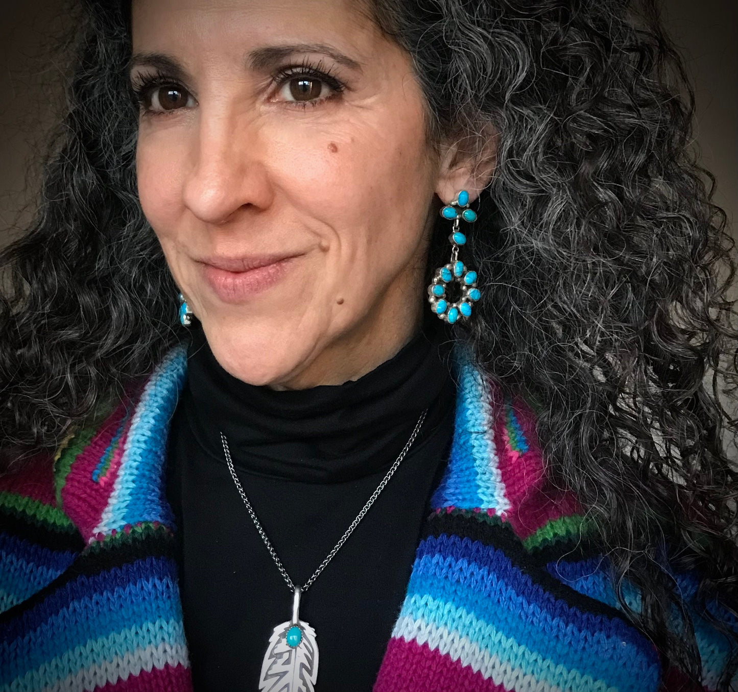 Sleeping Beauty Turquoise Navajo Cluster Dangle Earrings Signed - Fred Peters