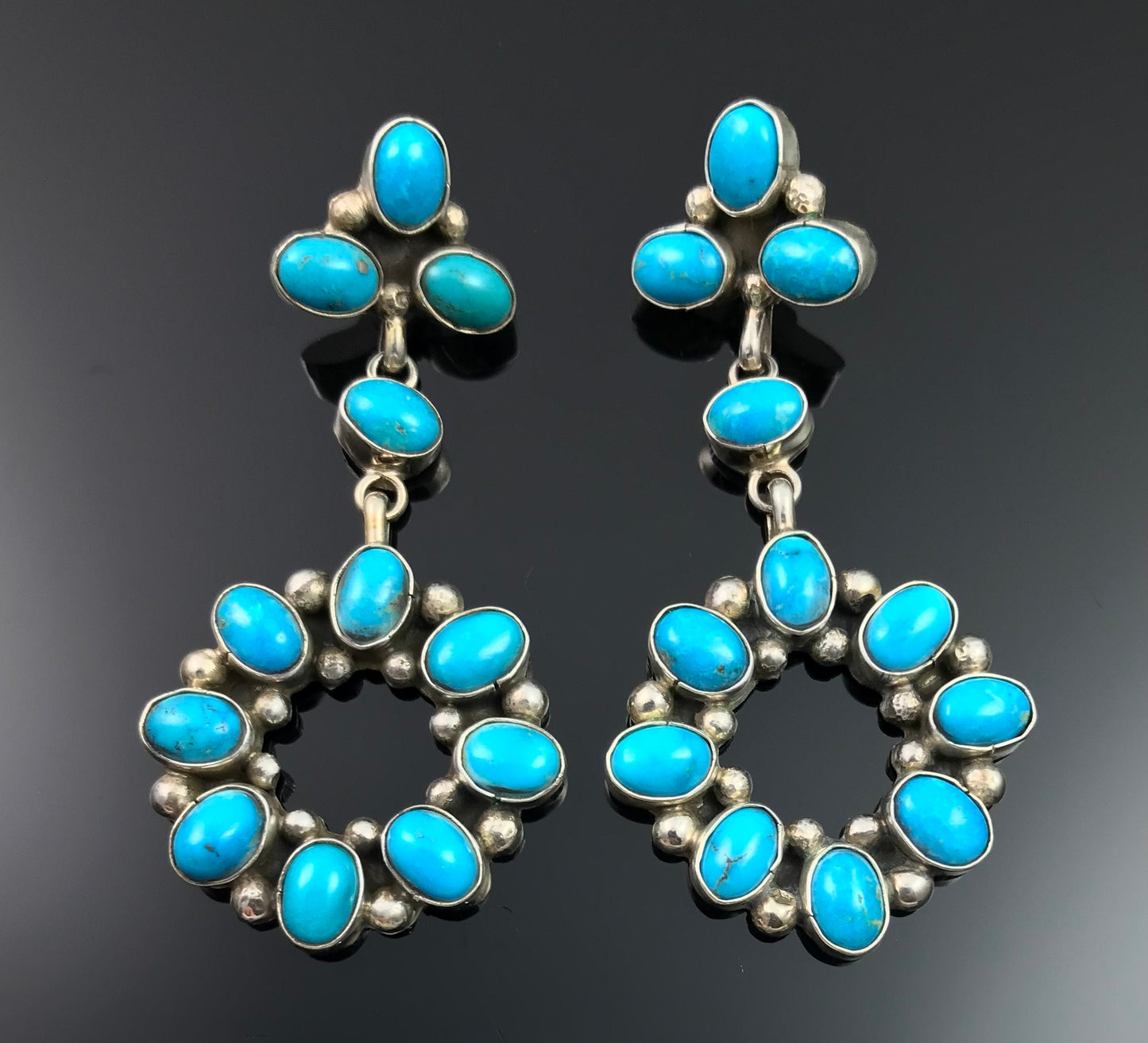 Sleeping Beauty Turquoise Navajo Cluster Dangle Earrings Signed - Fred Peters