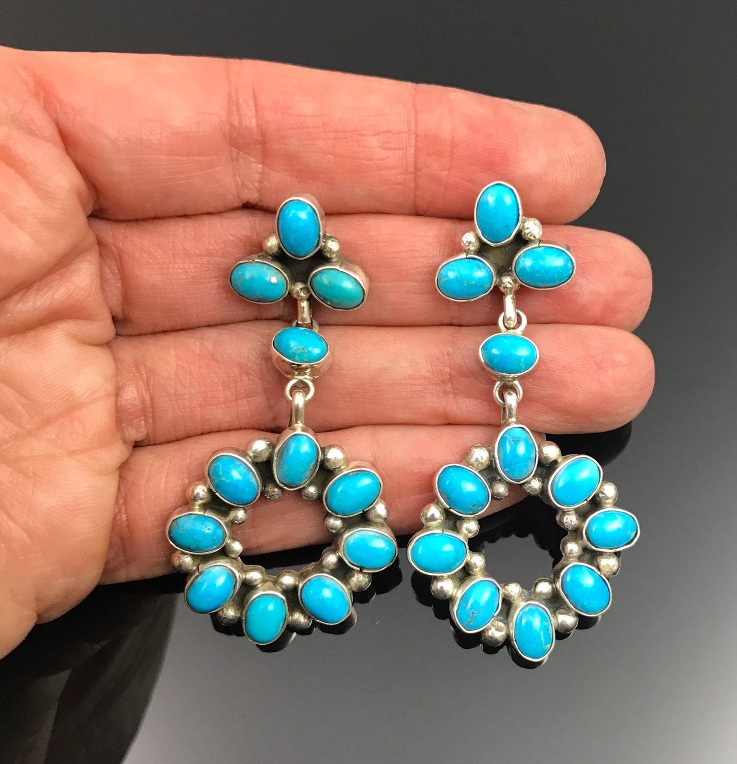 Sleeping Beauty Turquoise Navajo Cluster Dangle Earrings Signed - Fred Peters