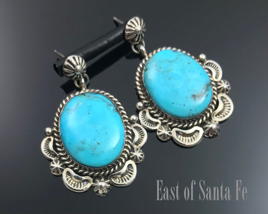 Old Style Blue Turquoise Navajo Earrings Signed - Ella Mae Linkin