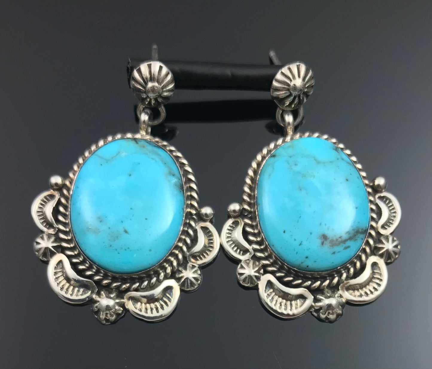 Old Style Blue Turquoise Navajo Earrings Signed - Ella Mae Linkin