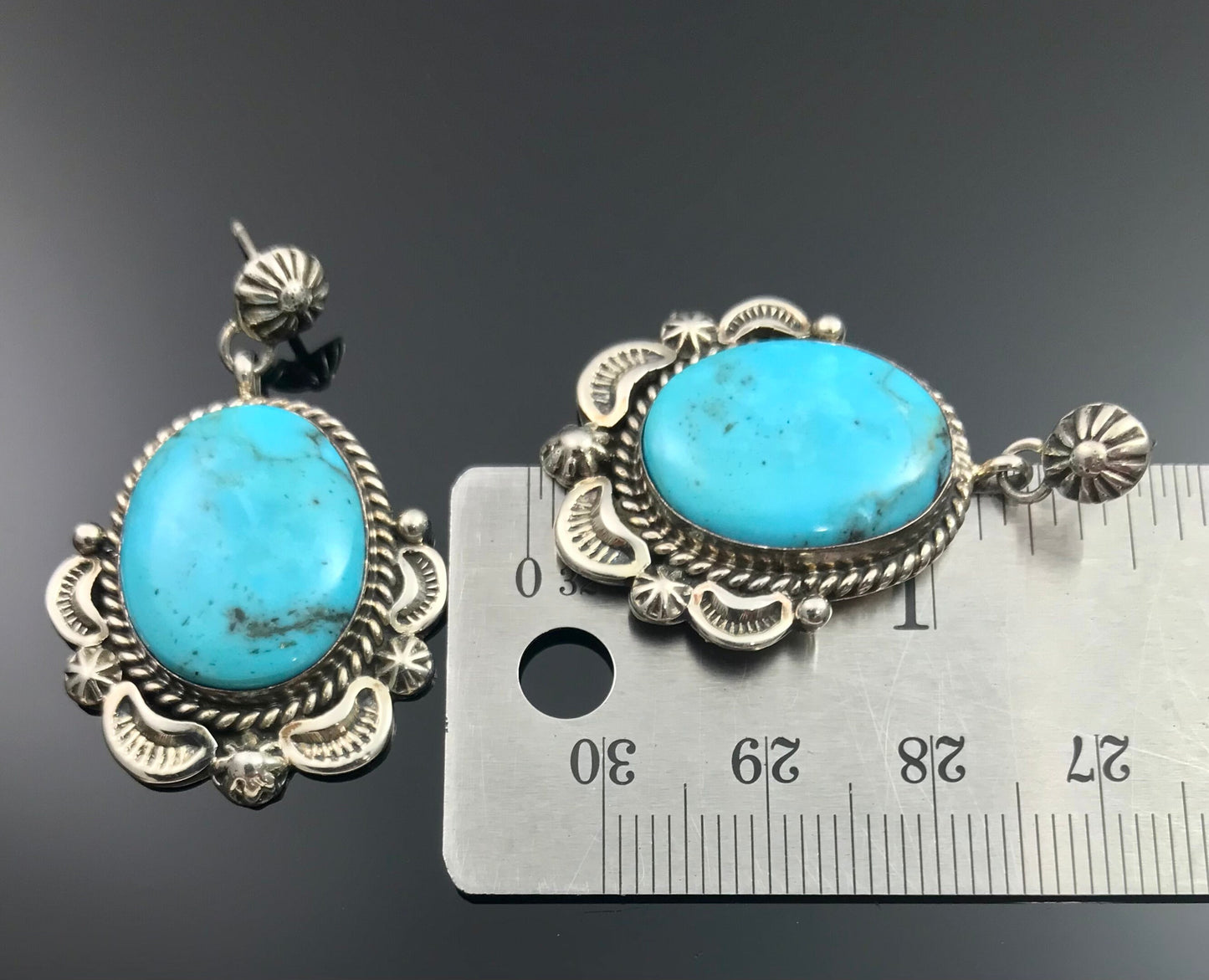Old Style Blue Turquoise Navajo Earrings Signed - Ella Mae Linkin