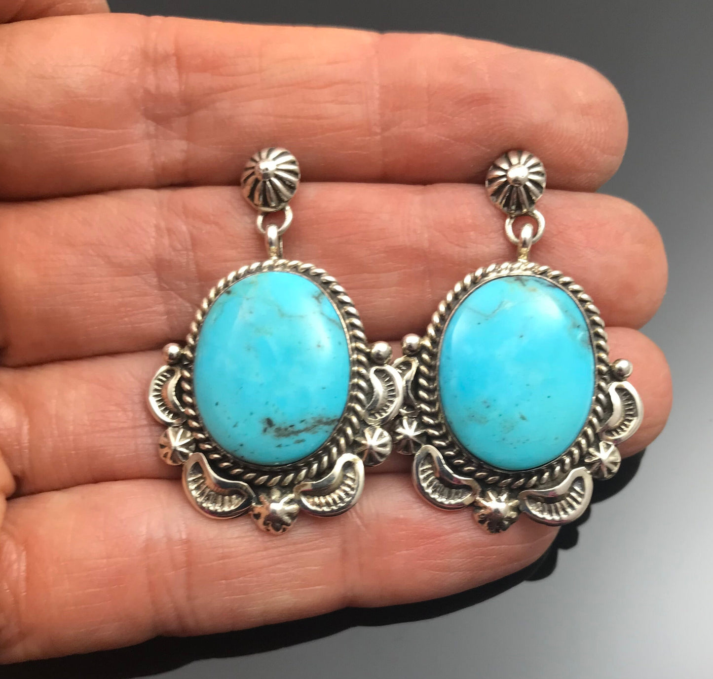 Old Style Blue Turquoise Navajo Earrings Signed - Ella Mae Linkin