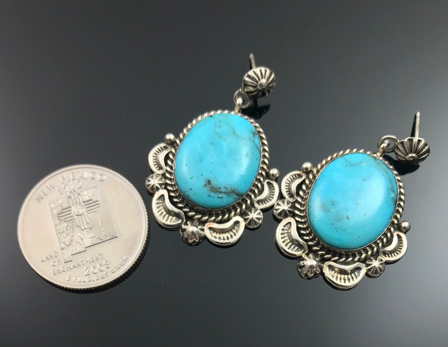 Old Style Blue Turquoise Navajo Earrings Signed - Ella Mae Linkin