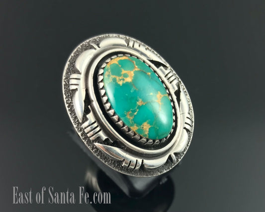 Vintage Turquoise and Cut Work Silver Ring Navajo Native American Size 7