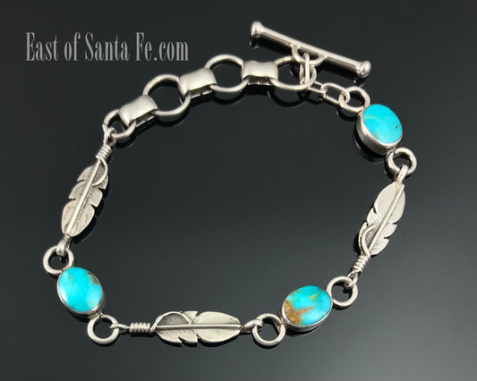 Turquoise and Feathers Link Bracelet Native American Navajo - Tony Garcia