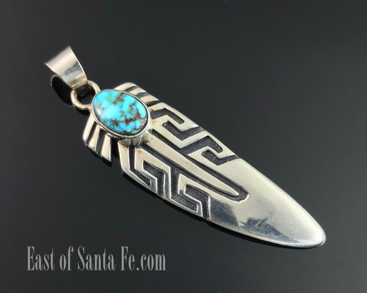 Spider Web Kingman Turquoise Feather Overlay Pendant Navajo Native American - Shirley Henry
