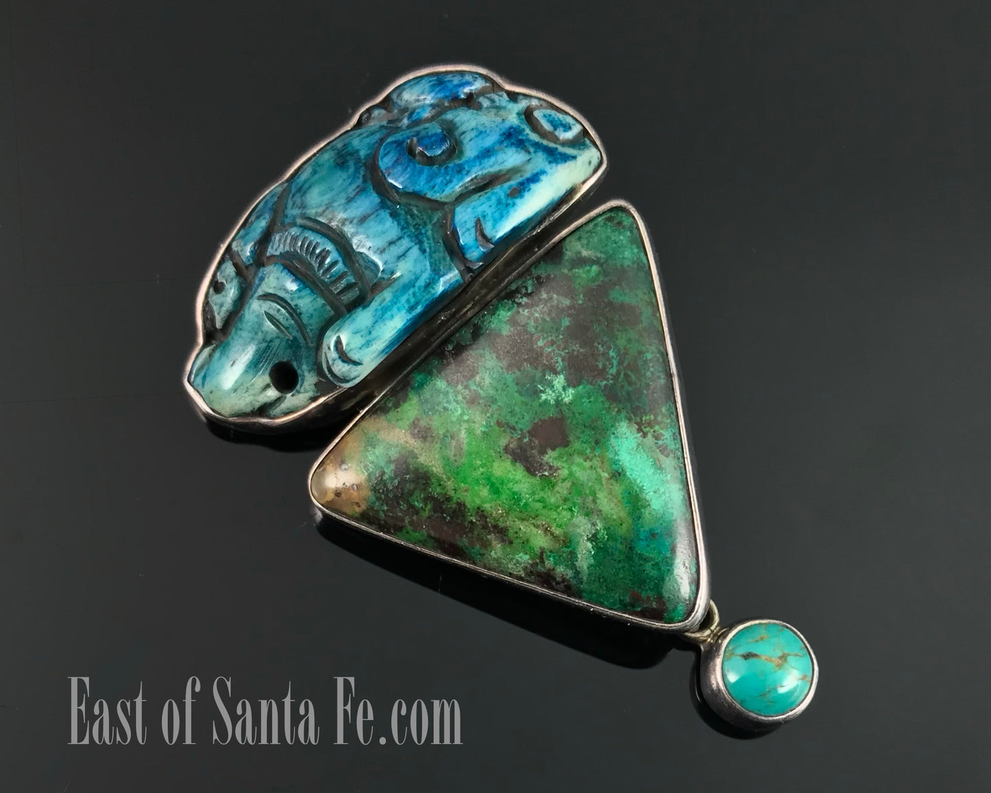Amy Kahn Russel Carved Bone, Parrot-wing Chrysocolla, and Turquoise Pin Pendant