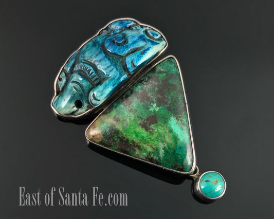 Amy Kahn Russel Carved Bone, Parrot-wing Chrysocolla, and Turquoise Pin Pendant