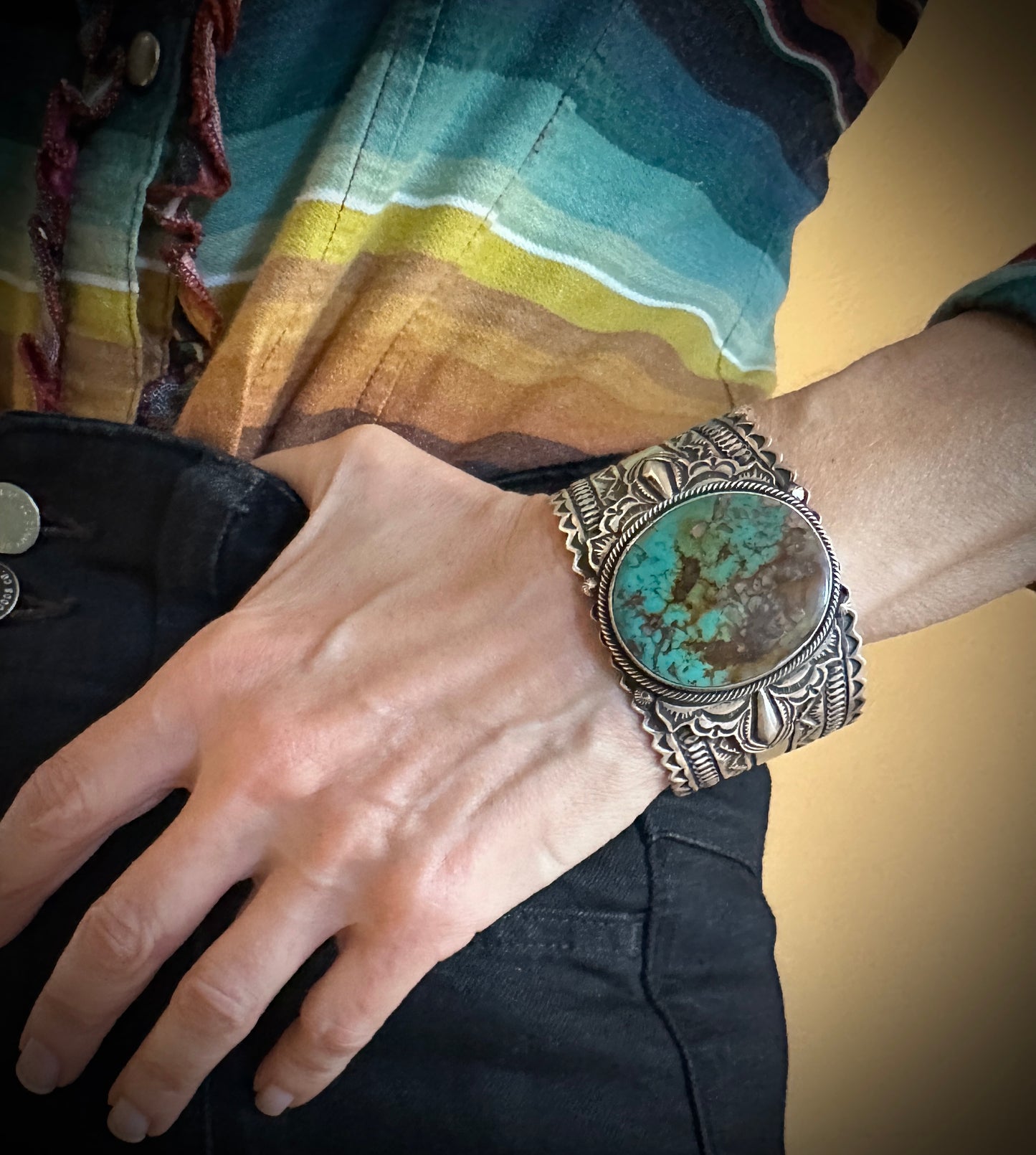 Magnificent Royston Turquoise Hand Stamped Native American Navajo Cuff Bracelet - Gary Reeves