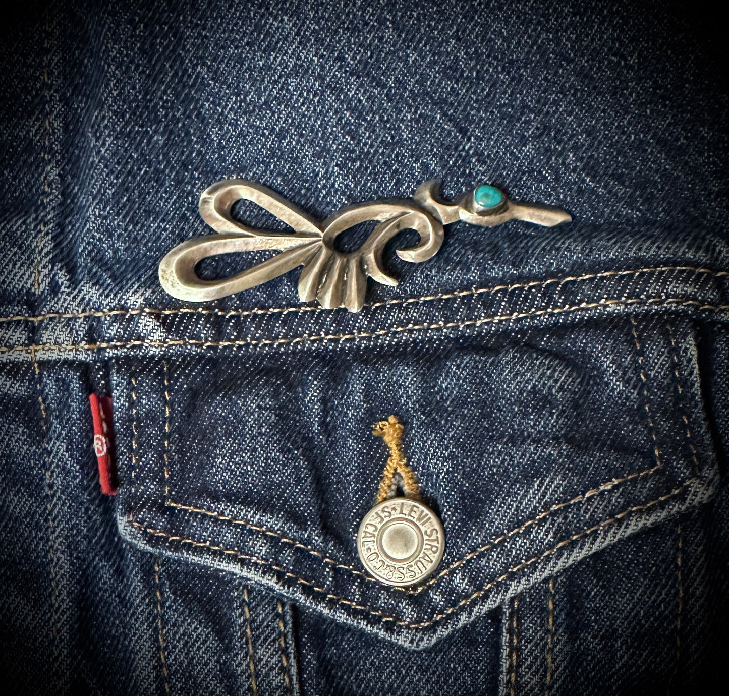 Large Sand Cast Native American Roadrunner Pin Turquoise - Vintage