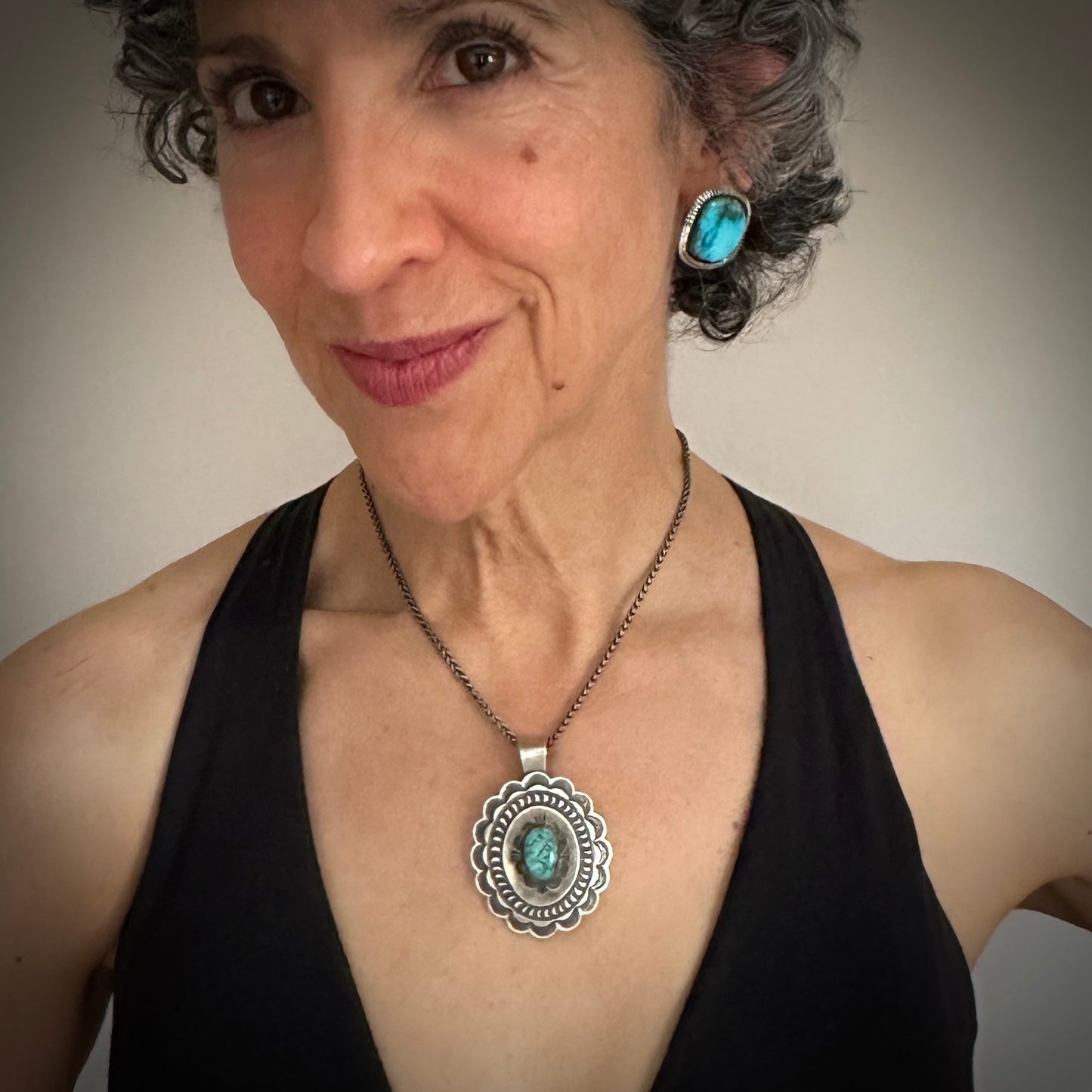 Navajo Turquoise Concho Hand Stamped Pendant Native American - Andy Cadman