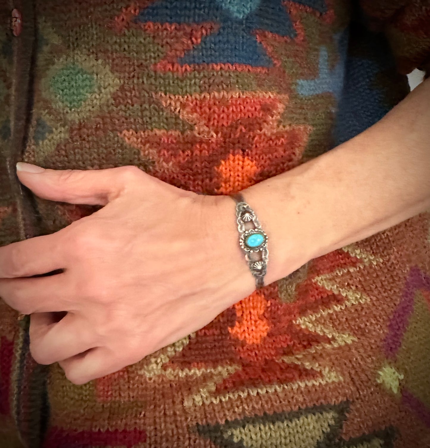 Fred Harvey Turquoise Native American Navajo Cuff Bracelet Sterling Silver - Vintage