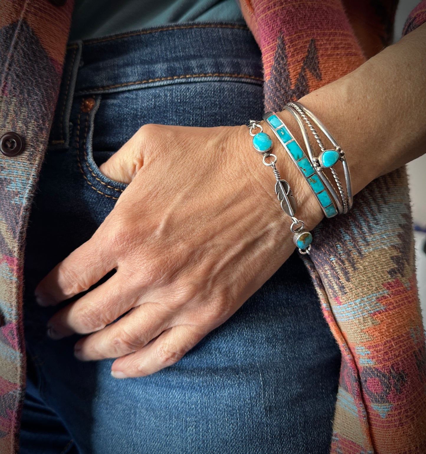 Turquoise and Feathers Link Bracelet Native American Navajo - Tony Garcia