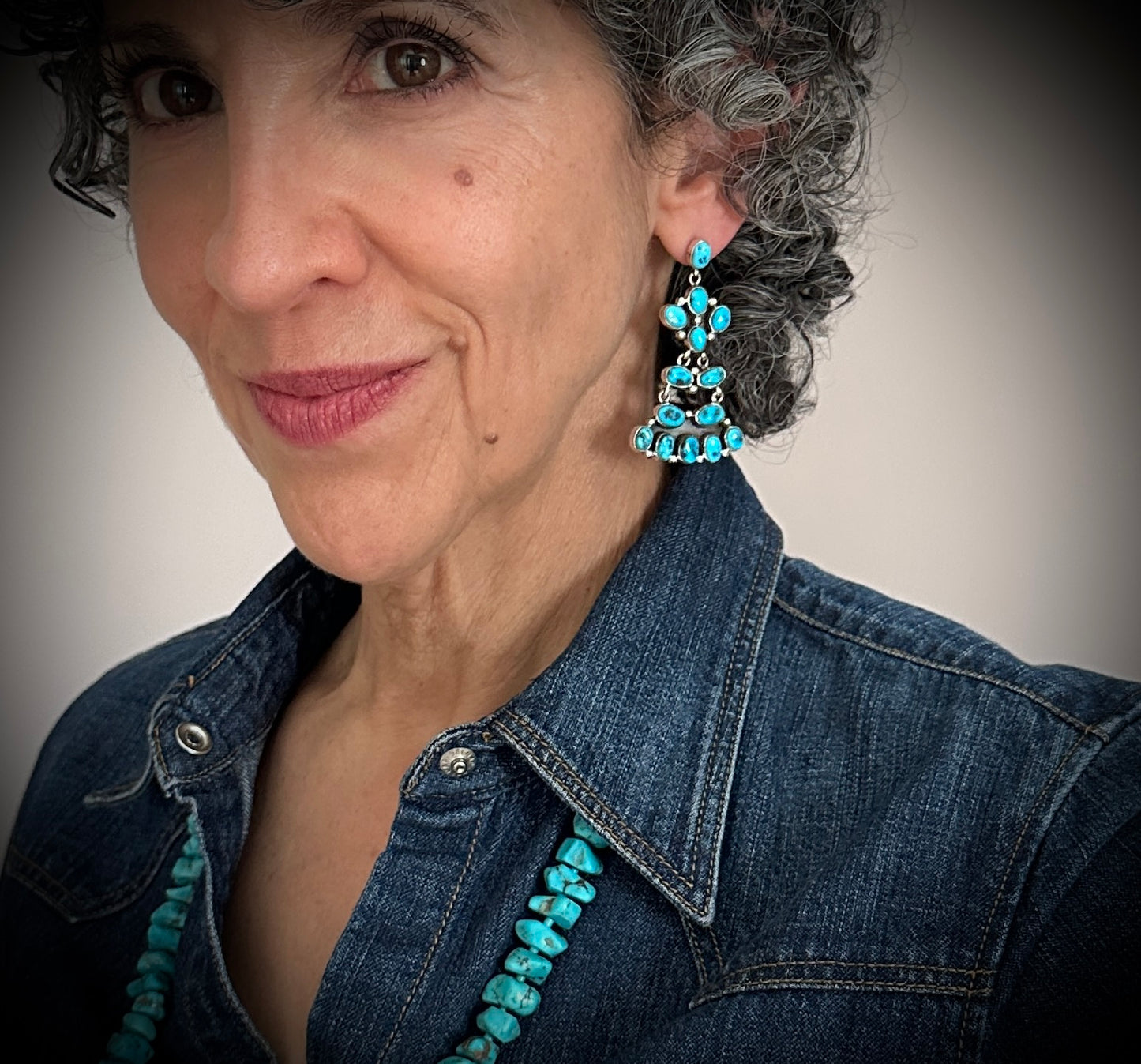 Sleeping Beauty Turquoise Navajo Cluster Dangle Earrings Signed - Francis