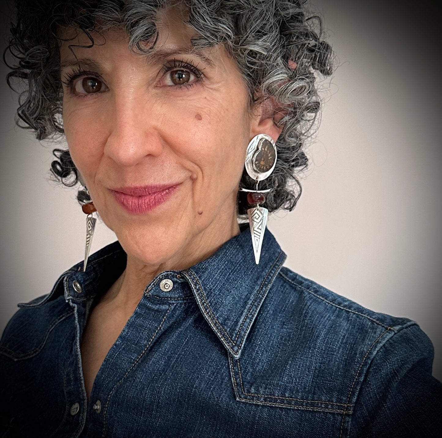 Ammonite and Amber Sterling Silver Tribal Earrings