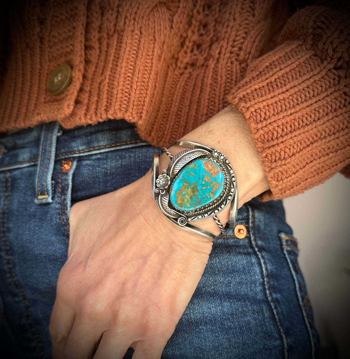 Turquoise Navajo Native American Sterling Silver Cuff Bracelet - Vintage
