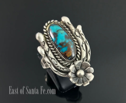 Turquoise Cactus Ring Native American Navajo Sterling Silver Size 7 1/2 - Vintage