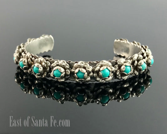 Vintage 1950's Baby / Child's Turquoise Roses Mexico Cuff Bracelet