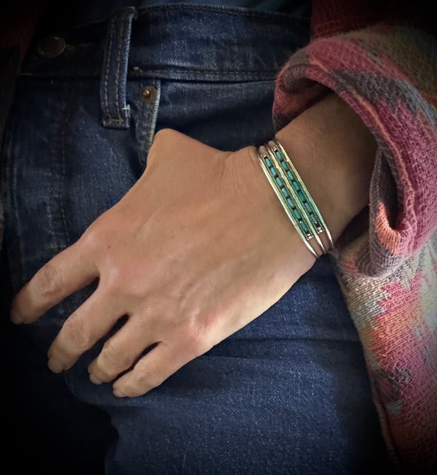 Zuni Double Row Turquoise Needlepoint Petit Point Bracelet - Vintage