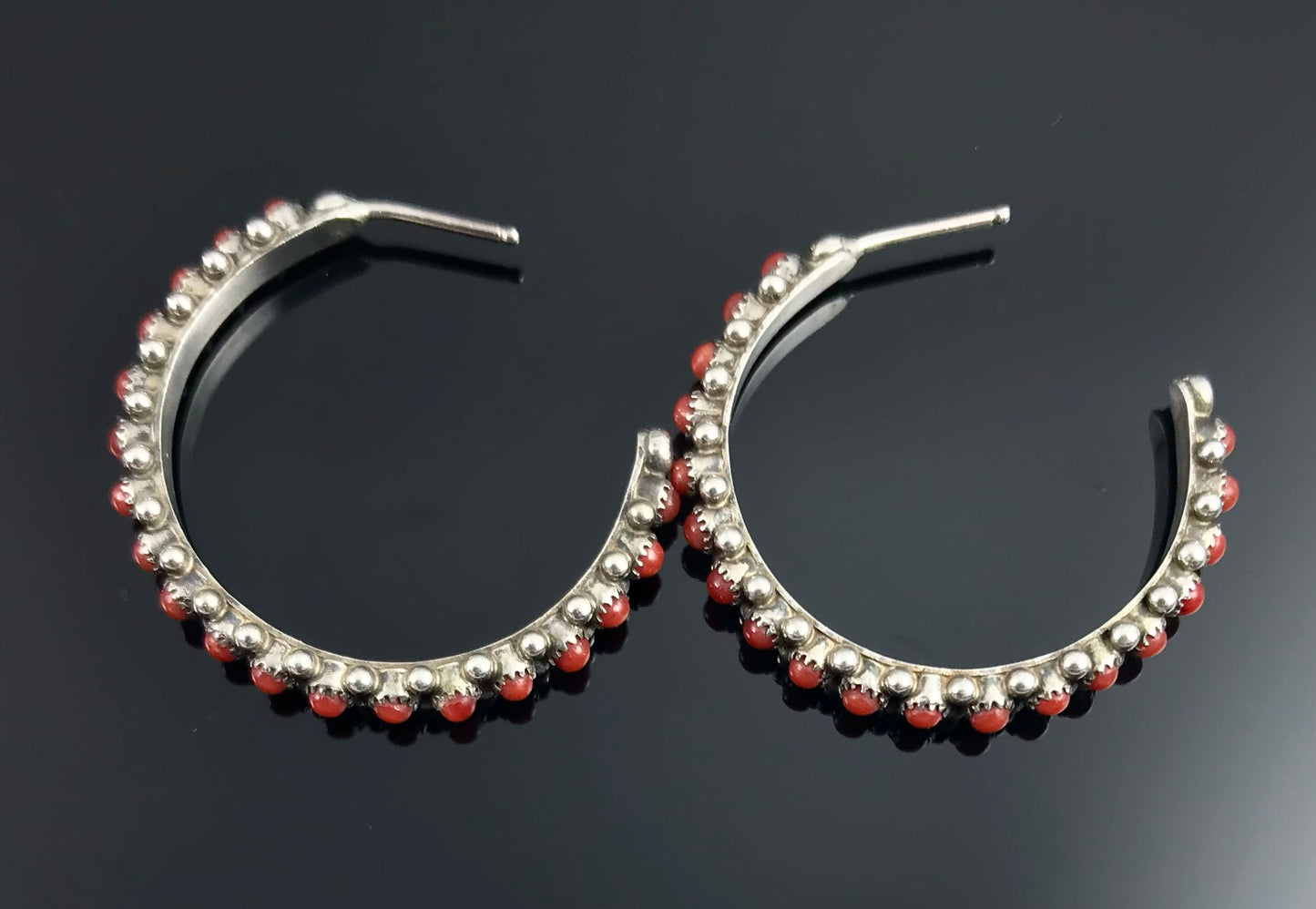 Zuni Red Coral Snake Eyes Earrings Native American - Thomas & Alice Hannaweeke