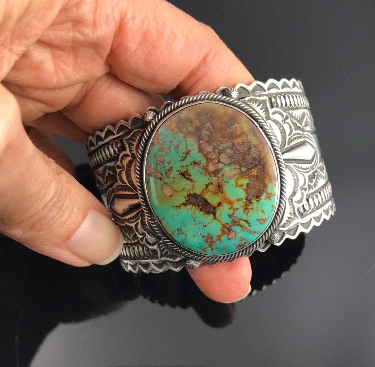 Magnificent Royston Turquoise Hand Stamped Native American Navajo Cuff Bracelet - Gary Reeves