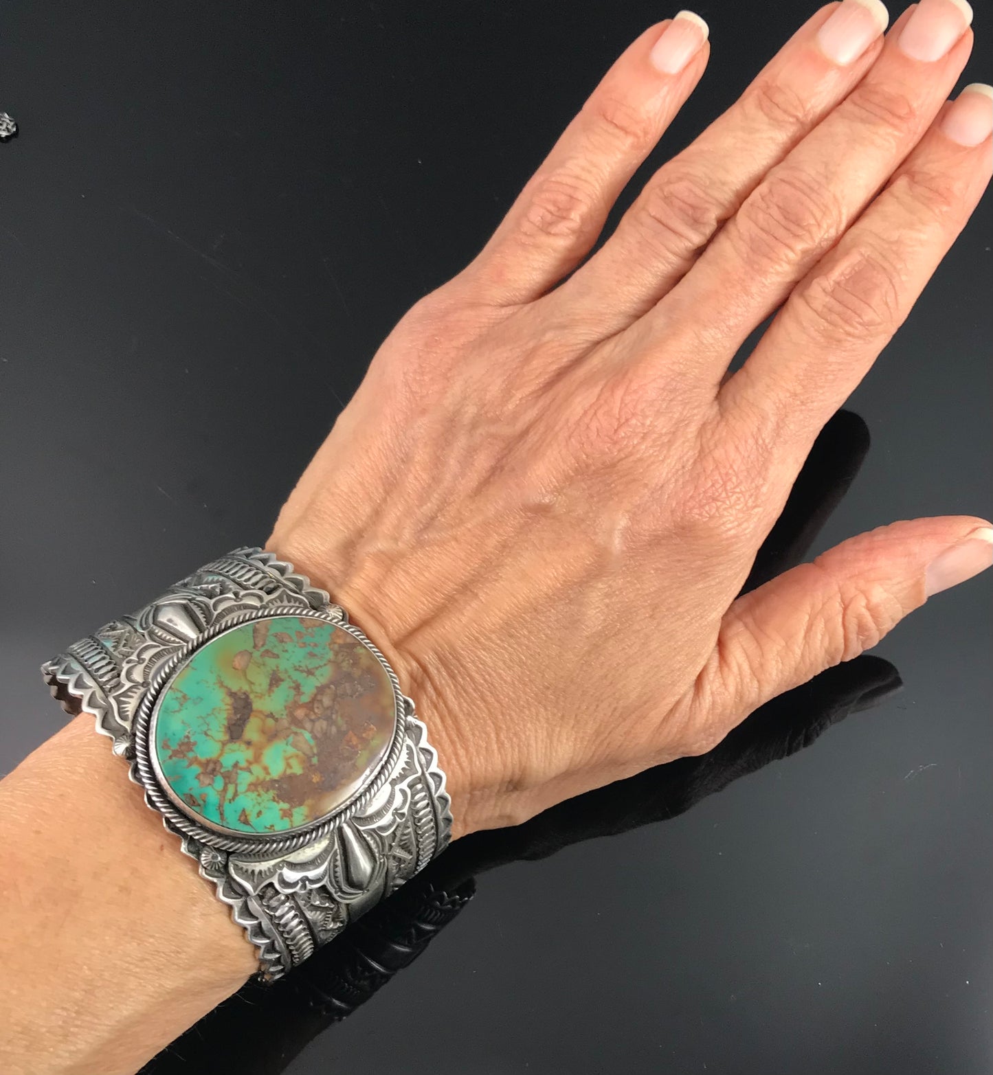 Magnificent Royston Turquoise Hand Stamped Native American Navajo Cuff Bracelet - Gary Reeves