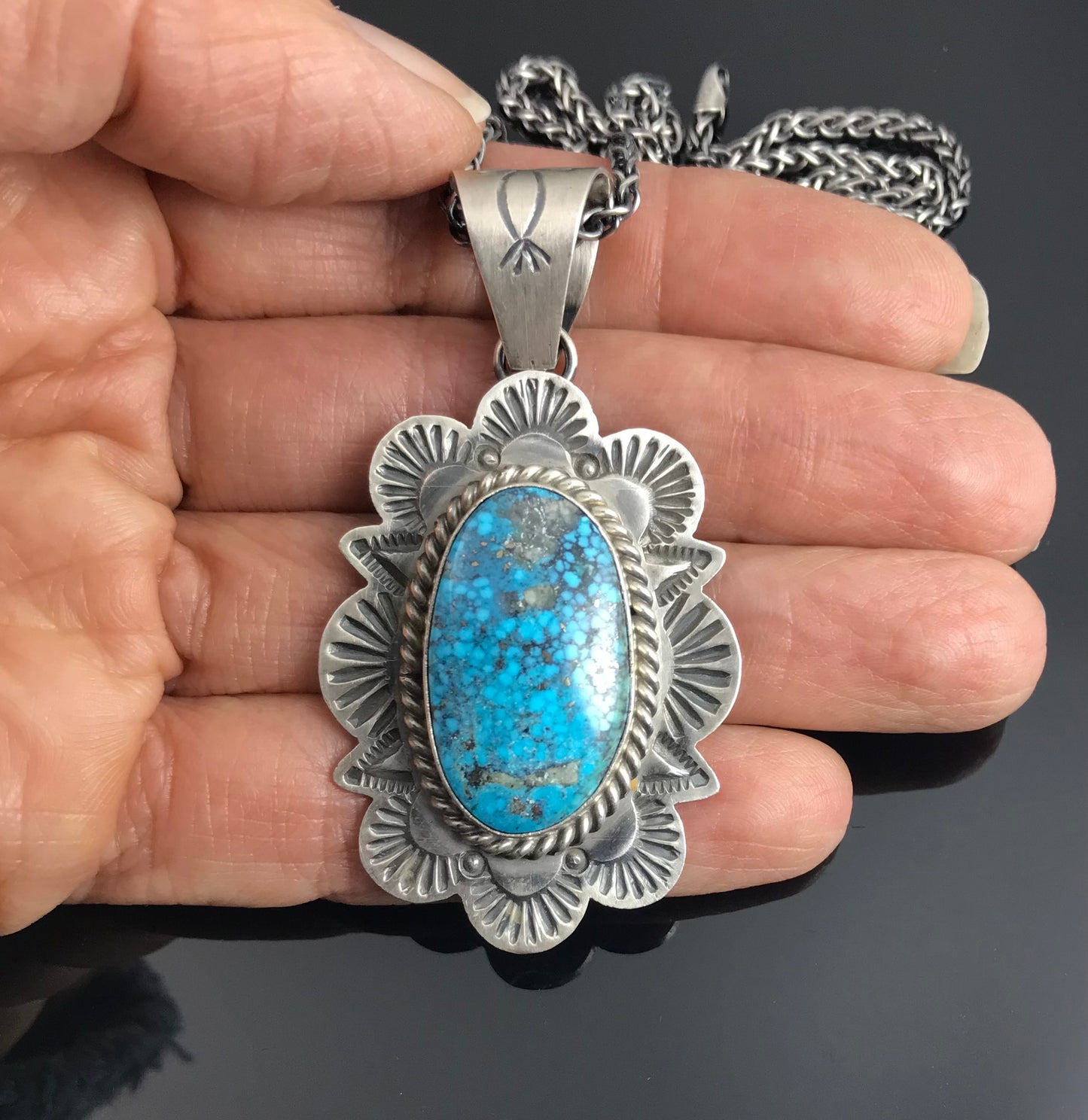 Bird's Eye Kingman Turquoise Navajo Necklace Pendant Native American - Mary Ann Spencer