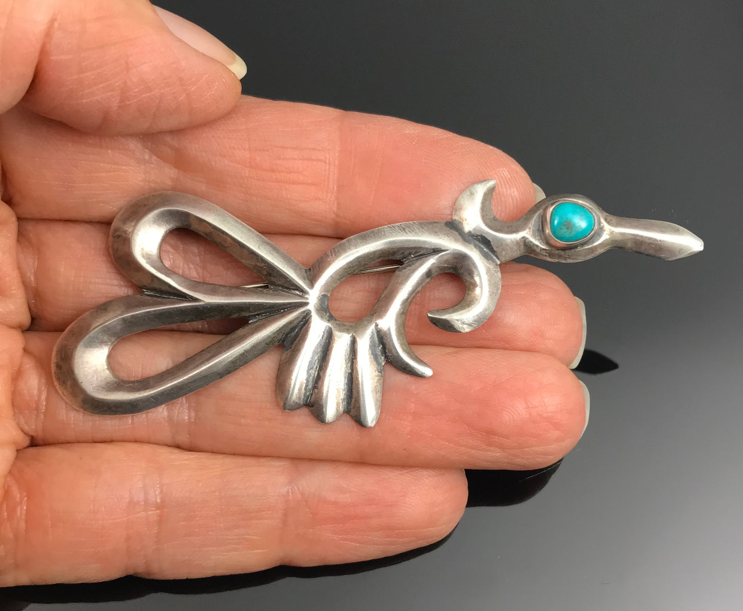 Large Sand Cast Native American Roadrunner Pin Turquoise - Vintage