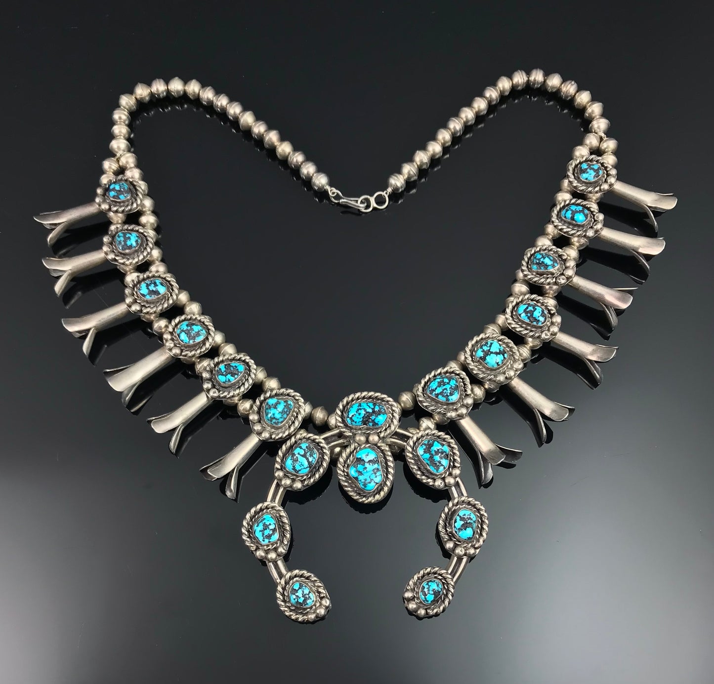 Spectacular Vintage Navajo Turquoise Squash Blossom Necklace Native American Sterling Silver